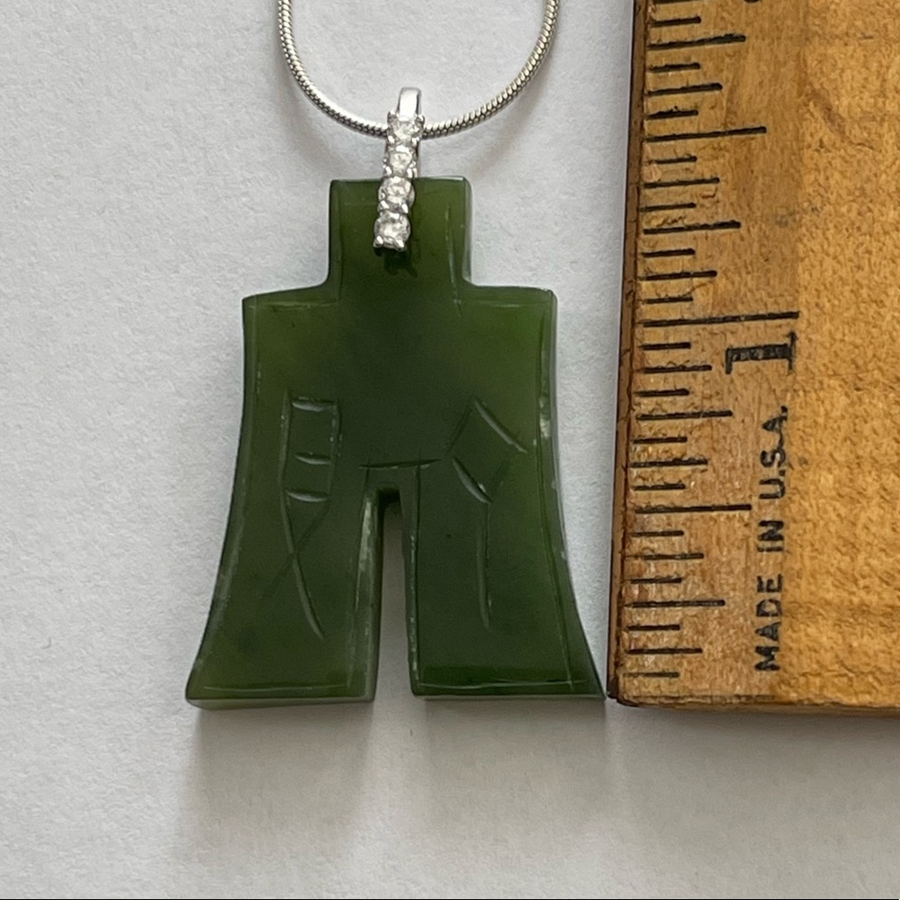 Large hand carved natural nephrite jade cz solid sterling silver pendant & chain - Picture 8 of 9